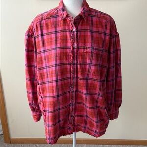 Free People Red and Pink Plaid Button Down Shirt